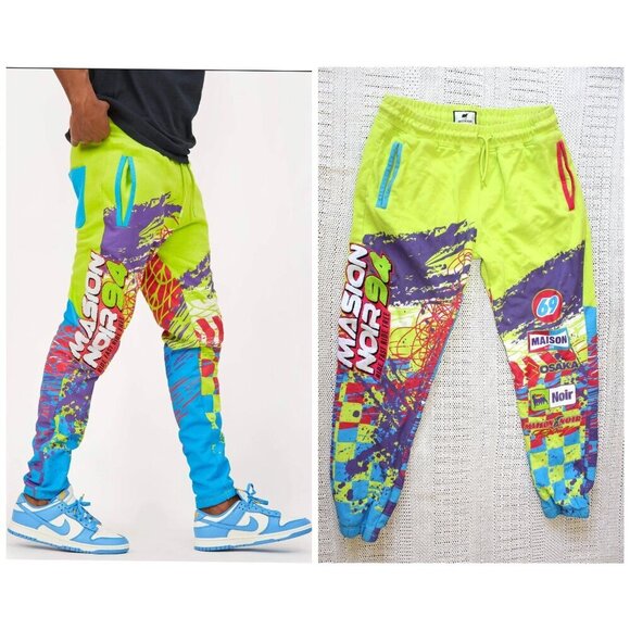 Maison Noir Moto club Men's Pants XL Fleece Joggers all over print Neon Yellow - Picture 1 of 12